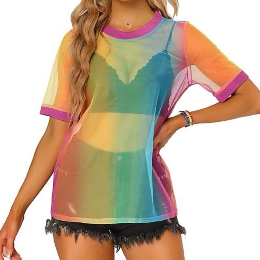 Fashion Nova Rainbow Sheer Mesh Satin Trim Short Sleeve Tee | Size XL